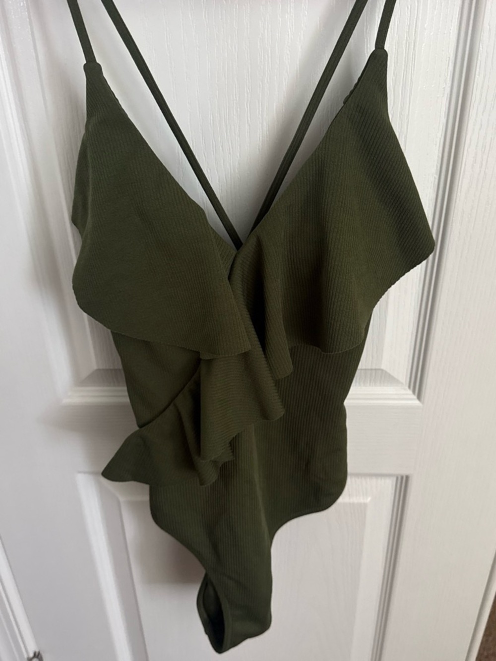 Olive Ruffle-Front Spaghetti Strap Bodysuit - Unbranded
